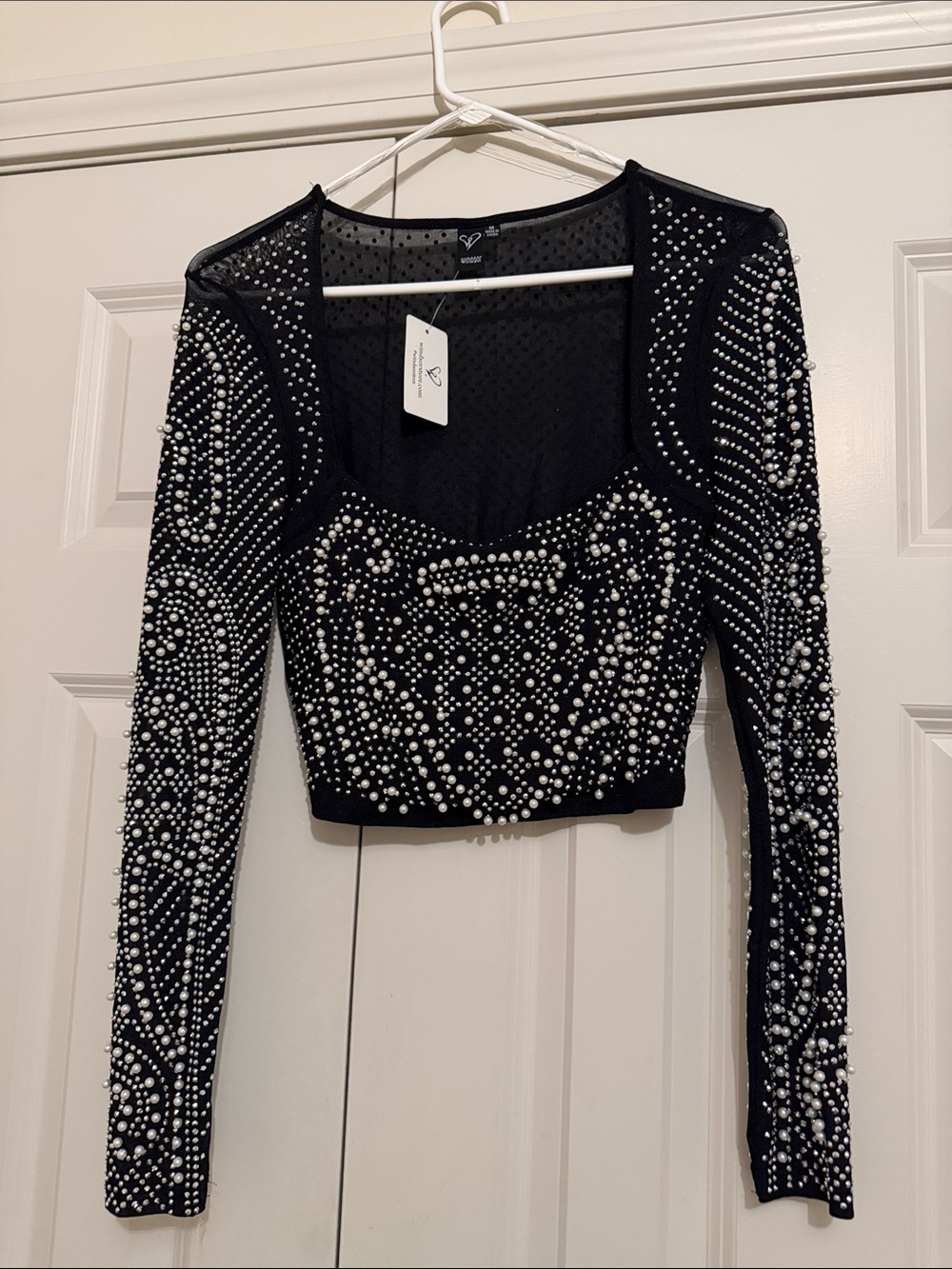 Windsor Black Long-Sleeve Beaded Crop Top